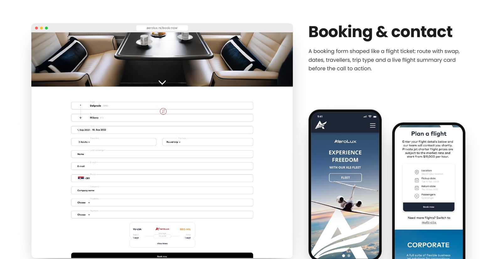 Aerolux – Booking and contact: a form shaped like a flight ticket