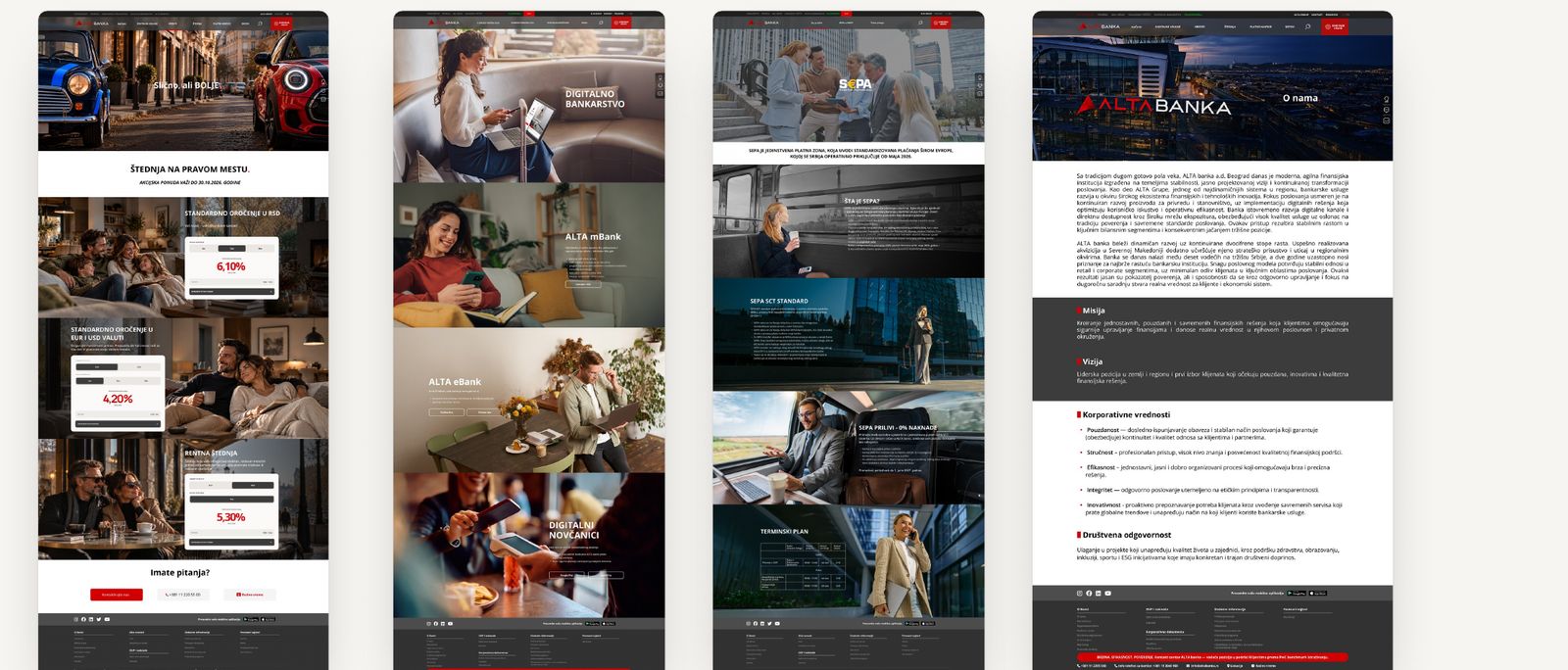 ALTA Banka website – Templates at scale: landing, product and content pages share one grid