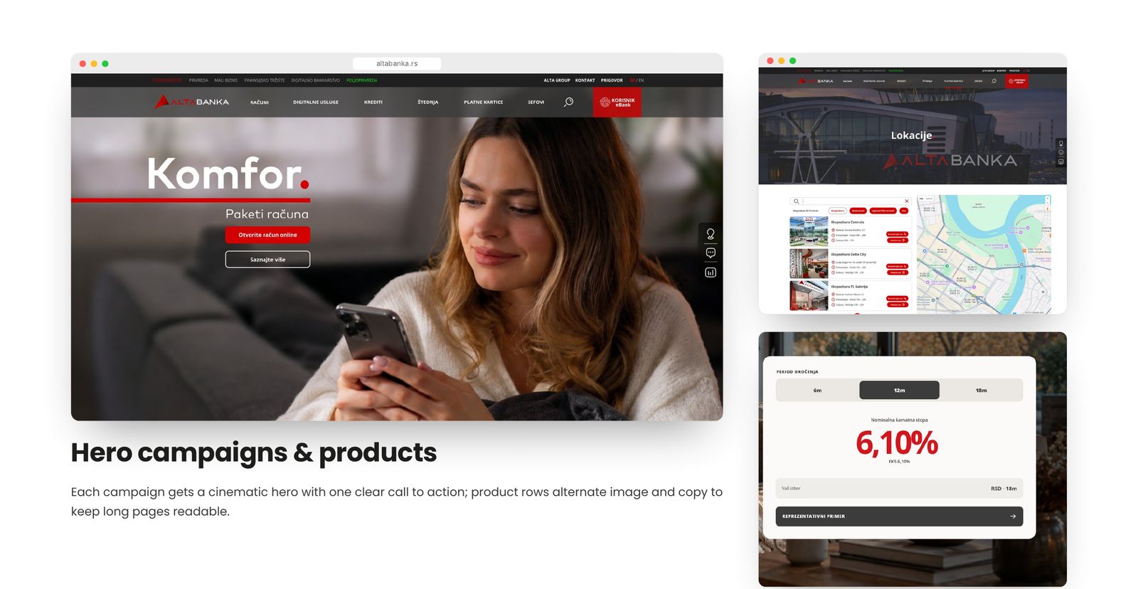 ALTA Banka website – Hero campaigns and product rows