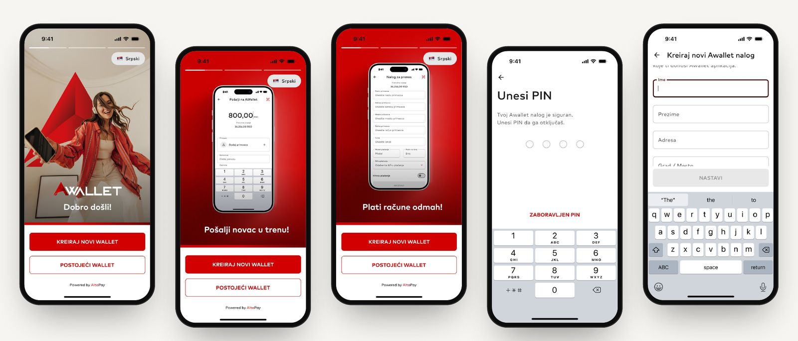 AWallet – Onboarding and sign-in: welcome carousel, phone registration, PIN and biometrics