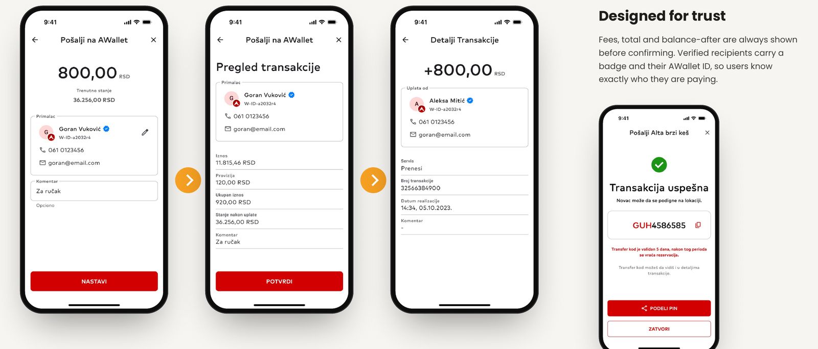 AWallet – Send money in three steps: amount and recipient, review, confirmation and receipt