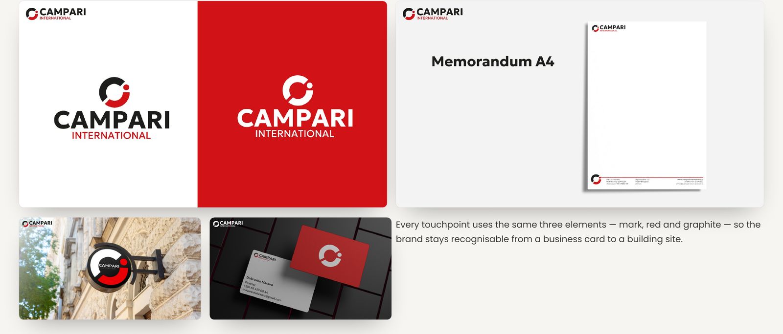 Campari International – Identity in use: logo versions, letterhead, façade sign and business cards