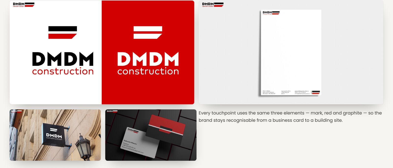 DMDM Construction – Identity in use: logo versions, letterhead, façade sign and business cards