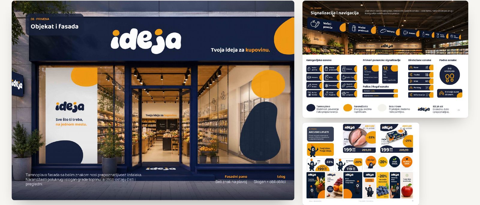 ideja – In store: storefront, wayfinding, shelf signage, leaflets, carts and baskets