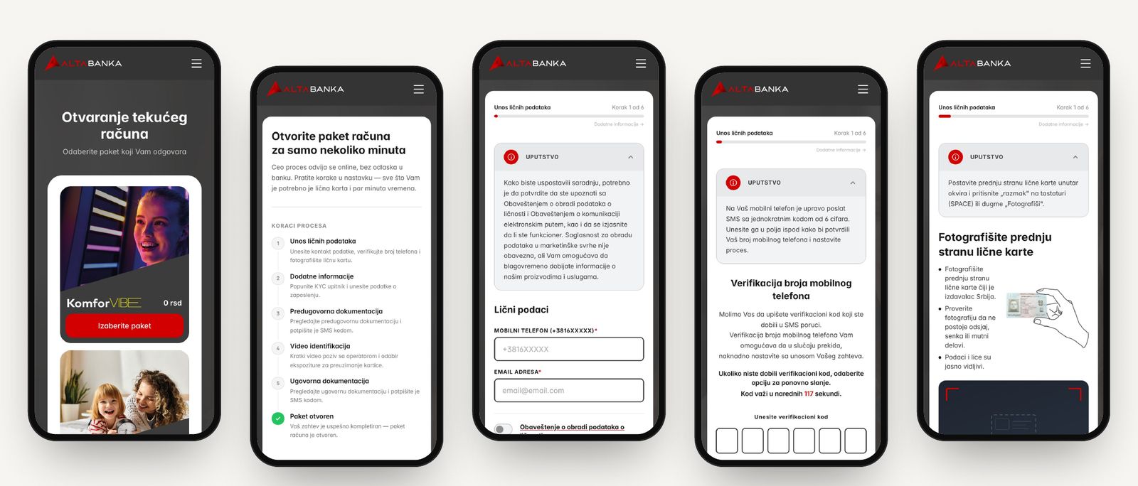 Online account opening – Fully responsive: the same flow on mobile, with QR hand-off from desktop